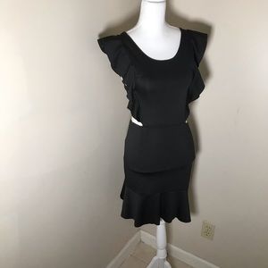 Side-Cut Ruffle Sleeve Black Mini Dress